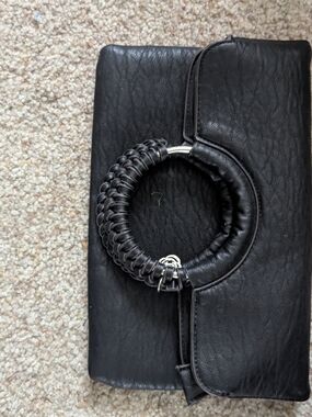 Black Leather Ring-Handle Clutch